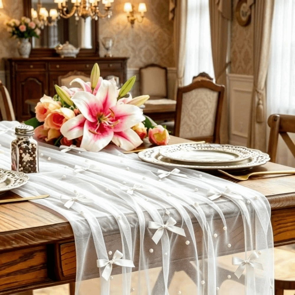 Romantic Bow Pearl Chiffon Run - đánh giá và giá Christmas Table Runner