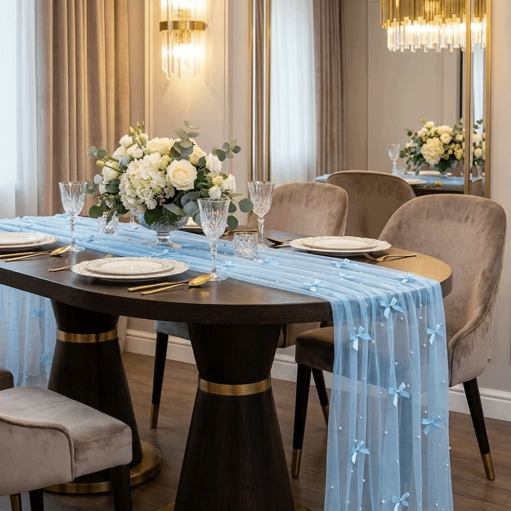 Romantic Bow Pearl Chiffon Run - đánh giá và giá Christmas Table Runner
